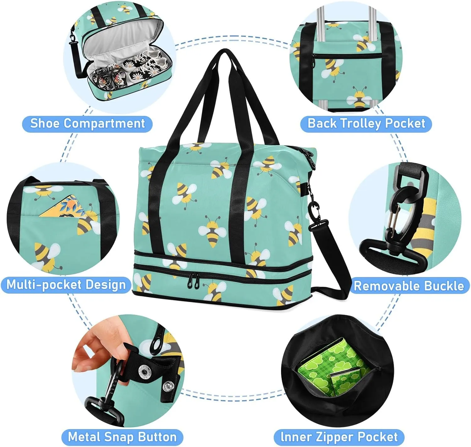 Cute Bee Packable Travel Duffel Bag Expandable Gym Bag Women, Weekender Bags for Women with Dry and Wet Separation