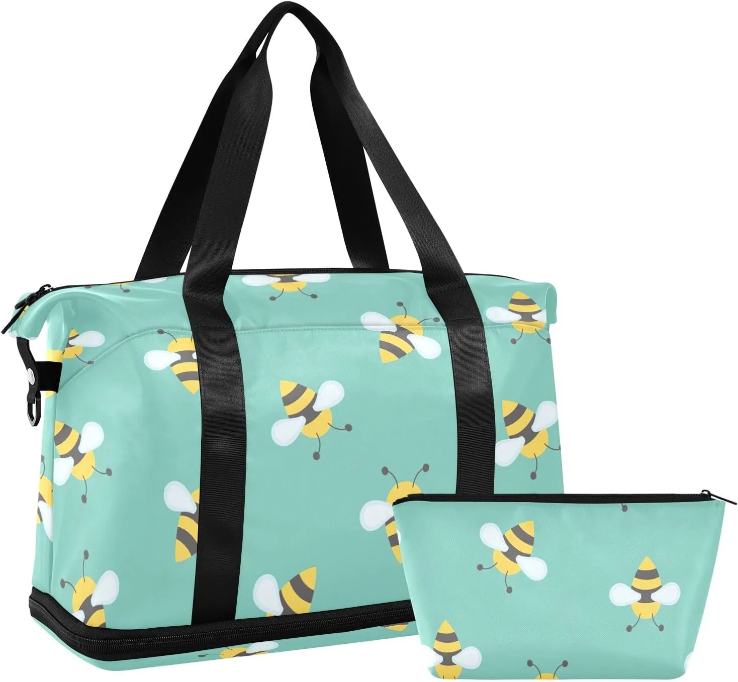 Cute Bee Packable Travel Duffel Bag Expandable Gym Bag Women, Weekender Bags for Women with Dry and Wet Separation