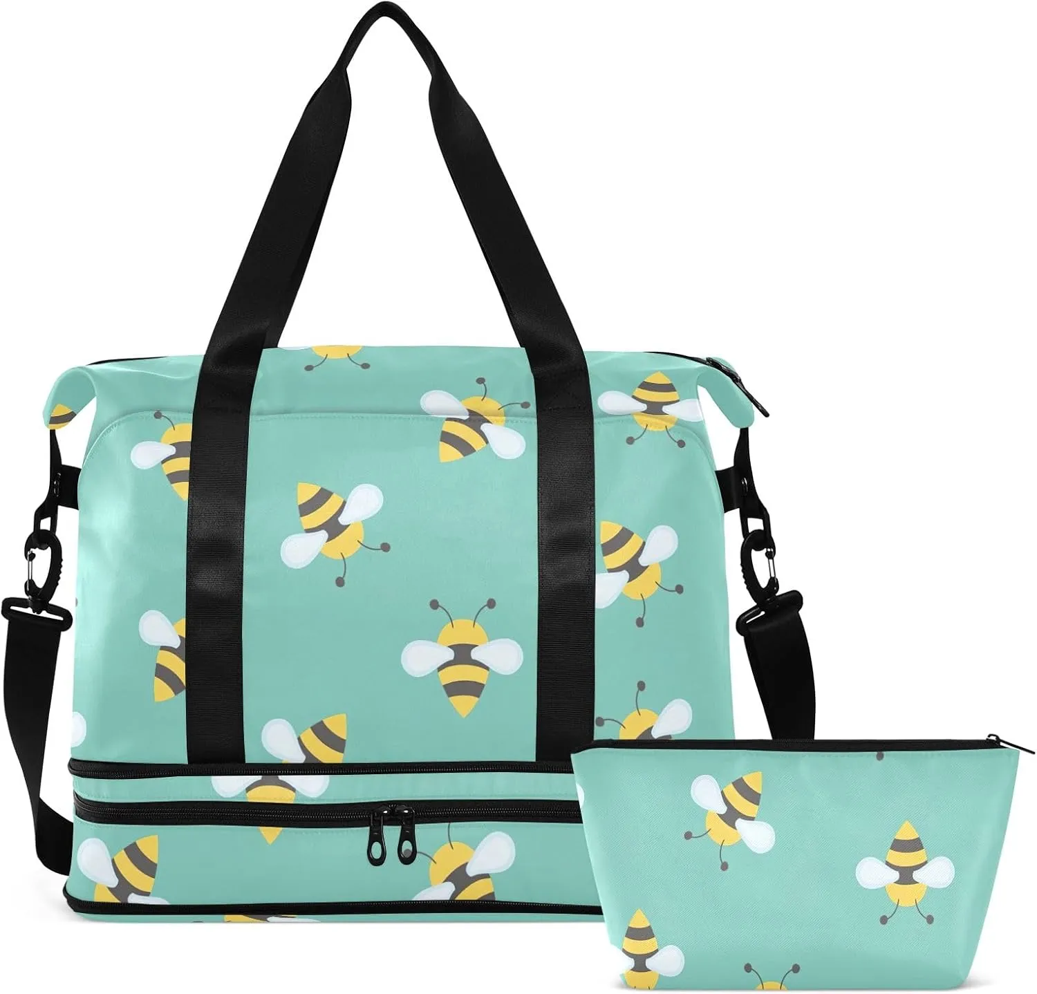 Cute Bee Packable Travel Duffel Bag Expandable Gym Bag Women, Weekender Bags for Women with Dry and Wet Separation