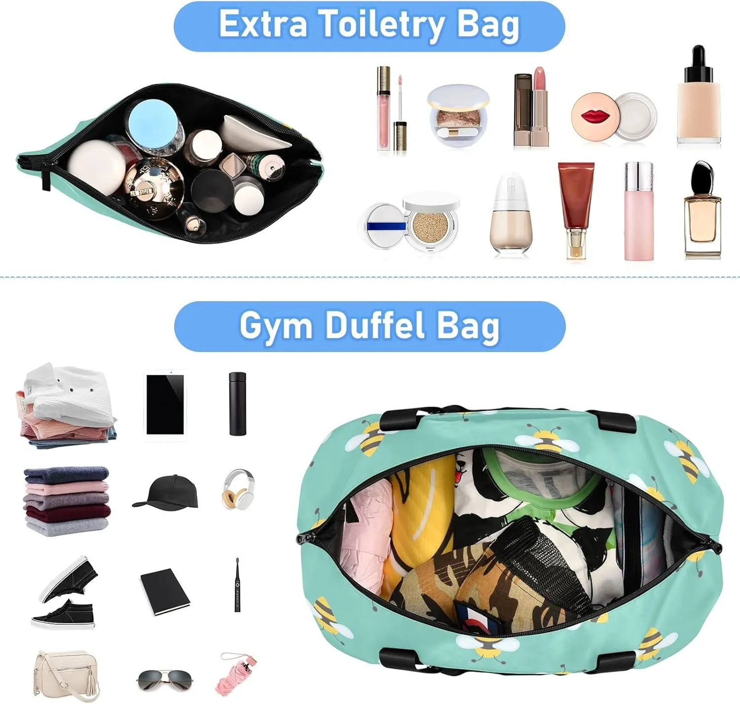Cute Bee Packable Travel Duffel Bag Expandable Gym Bag Women, Weekender Bags for Women with Dry and Wet Separation