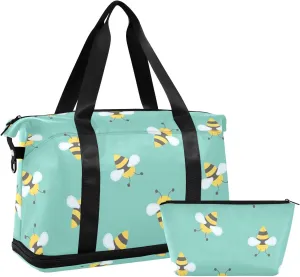Cute Bee Packable Travel Duffel Bag Expandable Gym Bag Women, Weekender Bags for Women with Dry and Wet Separation