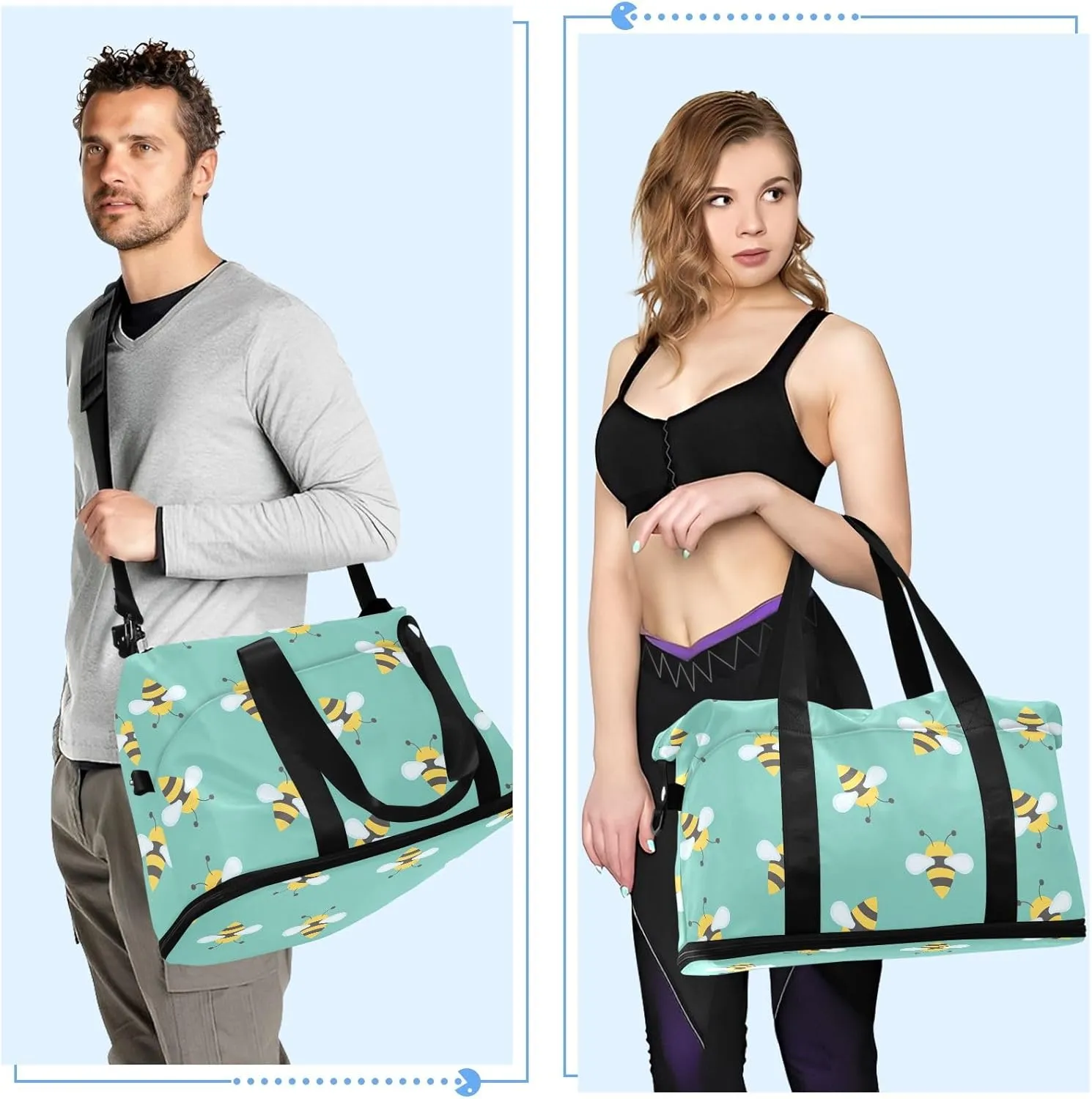Cute Bee Packable Travel Duffel Bag Expandable Gym Bag Women, Weekender Bags for Women with Dry and Wet Separation