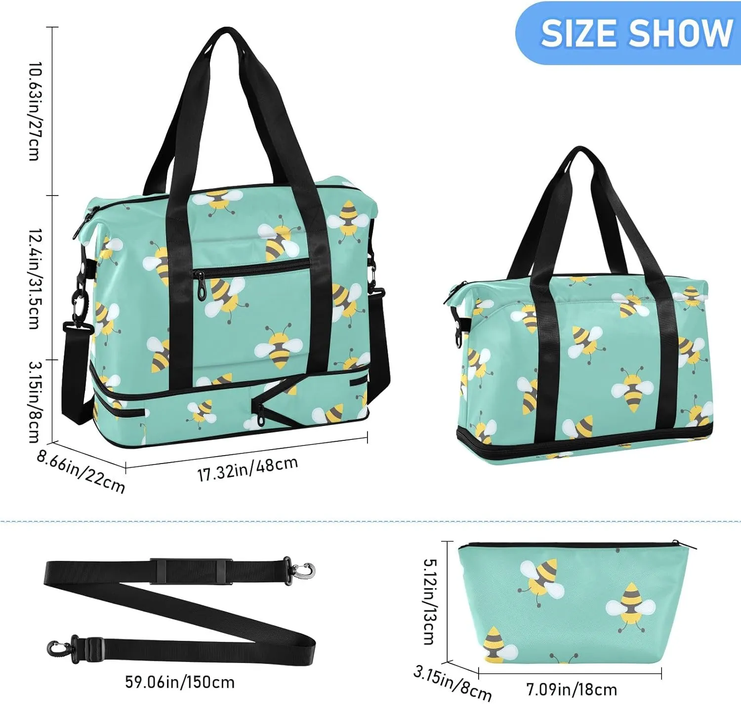 Cute Bee Packable Travel Duffel Bag Expandable Gym Bag Women, Weekender Bags for Women with Dry and Wet Separation