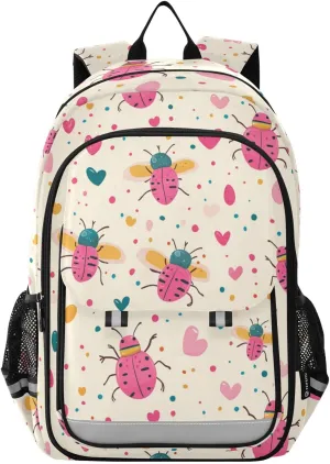 Cute Beetles Colorful Hearts Backpack for Boys Girls Elementary School Bag Kids Bookbag Travel Rucksack With Reflective Stripes