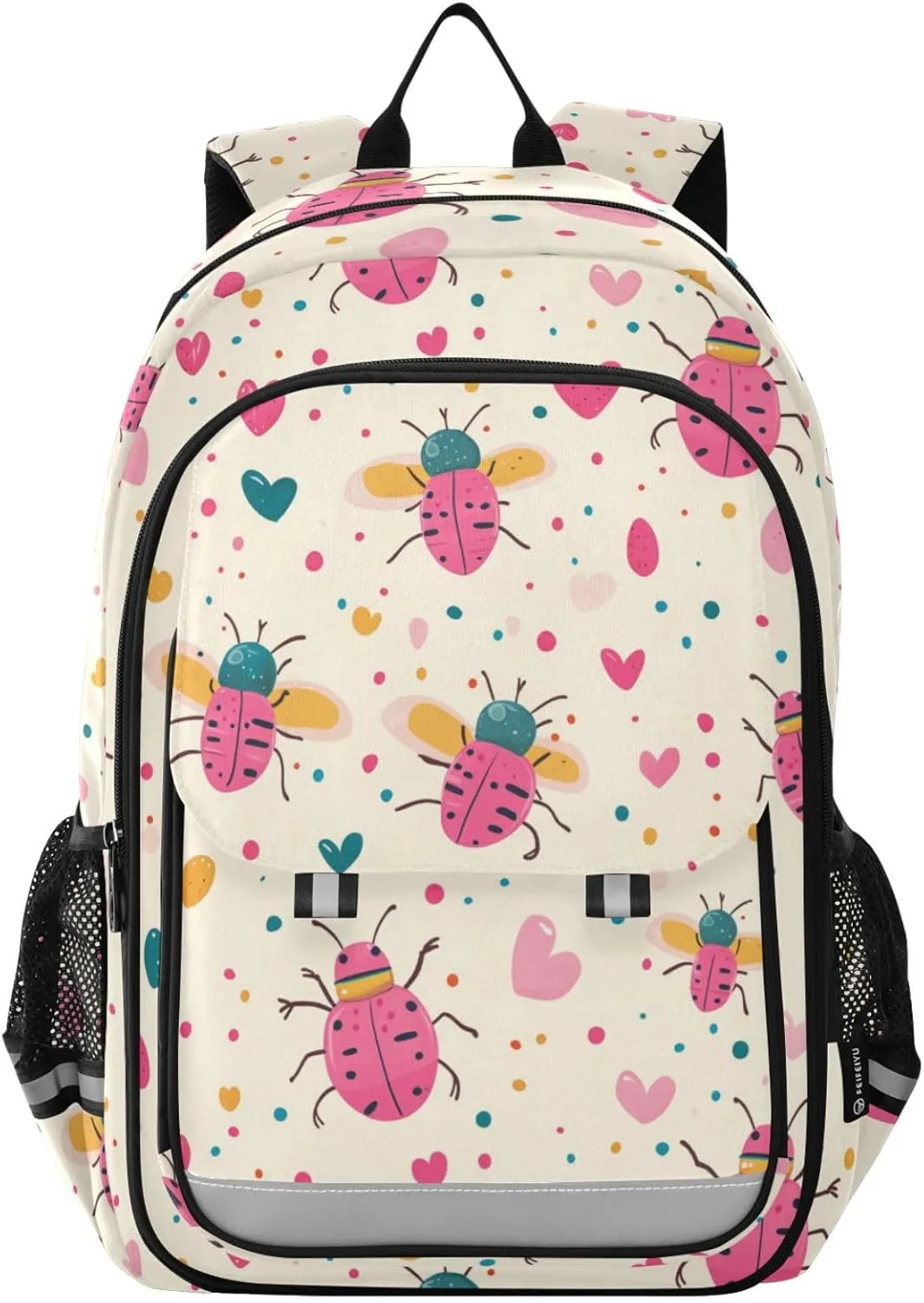 Cute Beetles Colorful Hearts Backpack for Boys Girls Elementary School Bag Kids Bookbag Travel Rucksack With Reflective Stripes