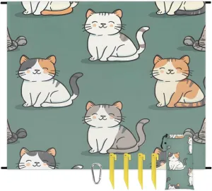 Cute Cat Beach Blanket, Sandproof Beach Mat, 68 x 59 Waterproof Quick Drying Sand Free Mat with 4 x Ground Spikes for Outdoor Travel Camping Hiking, Cute Pets Cat