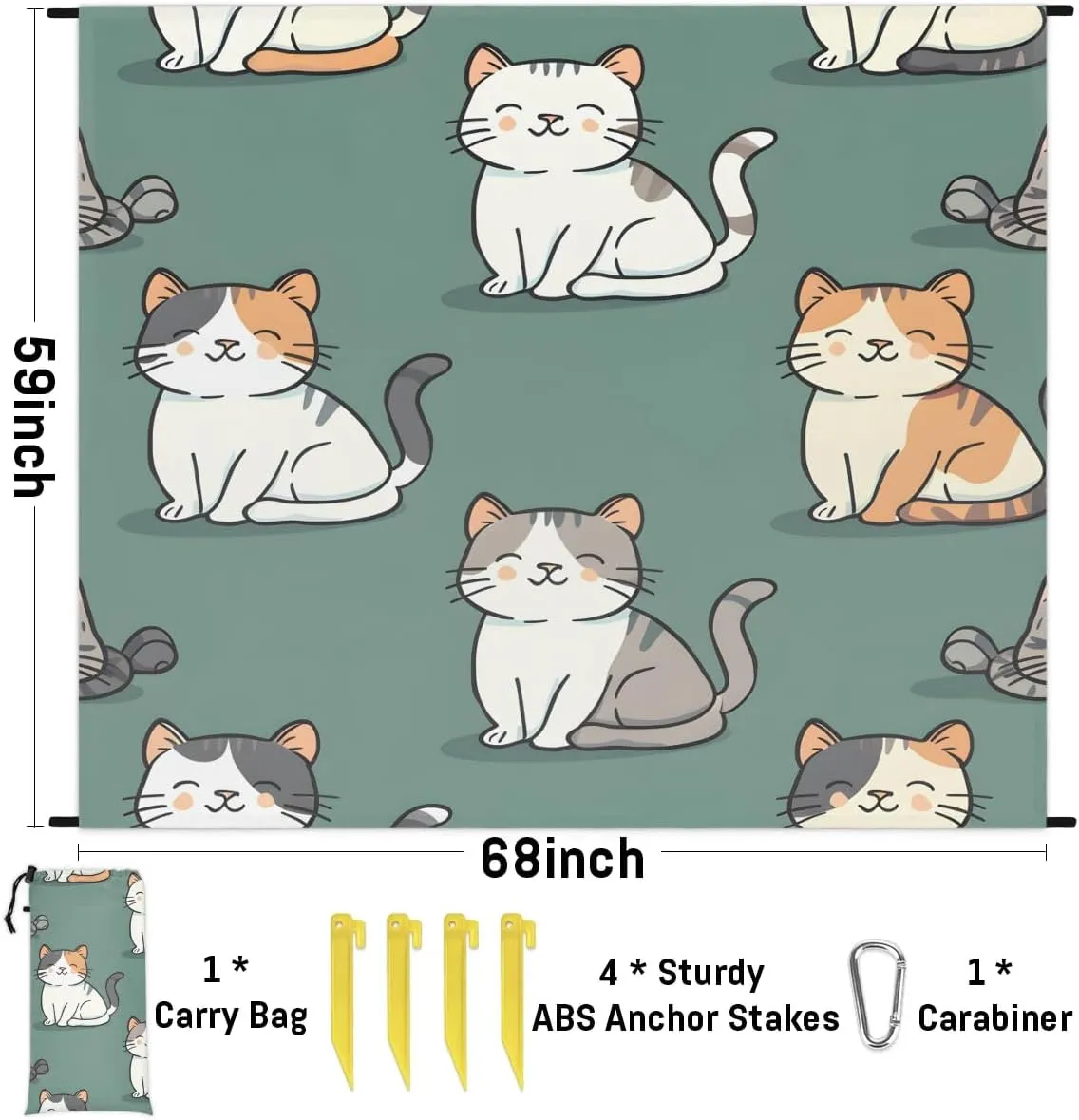 Cute Cat Beach Blanket, Sandproof Beach Mat, 68 x 59 Waterproof Quick Drying Sand Free Mat with 4 x Ground Spikes for Outdoor Travel Camping Hiking, Cute Pets Cat