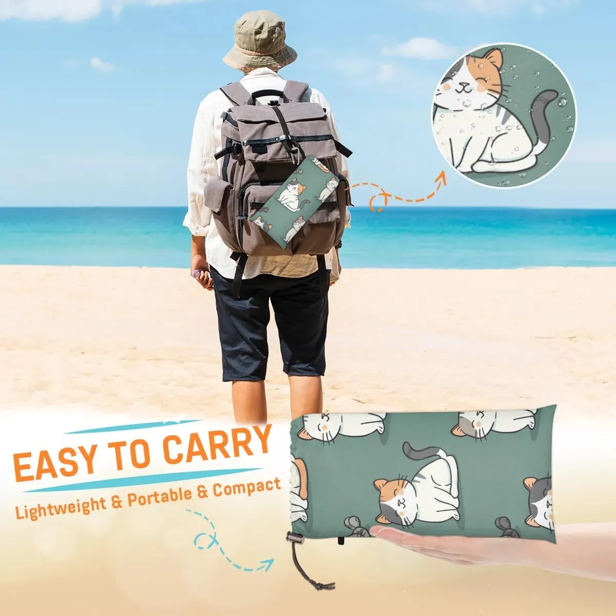 Cute Cat Beach Blanket, Sandproof Beach Mat, 68 x 59 Waterproof Quick Drying Sand Free Mat with 4 x Ground Spikes for Outdoor Travel Camping Hiking, Cute Pets Cat