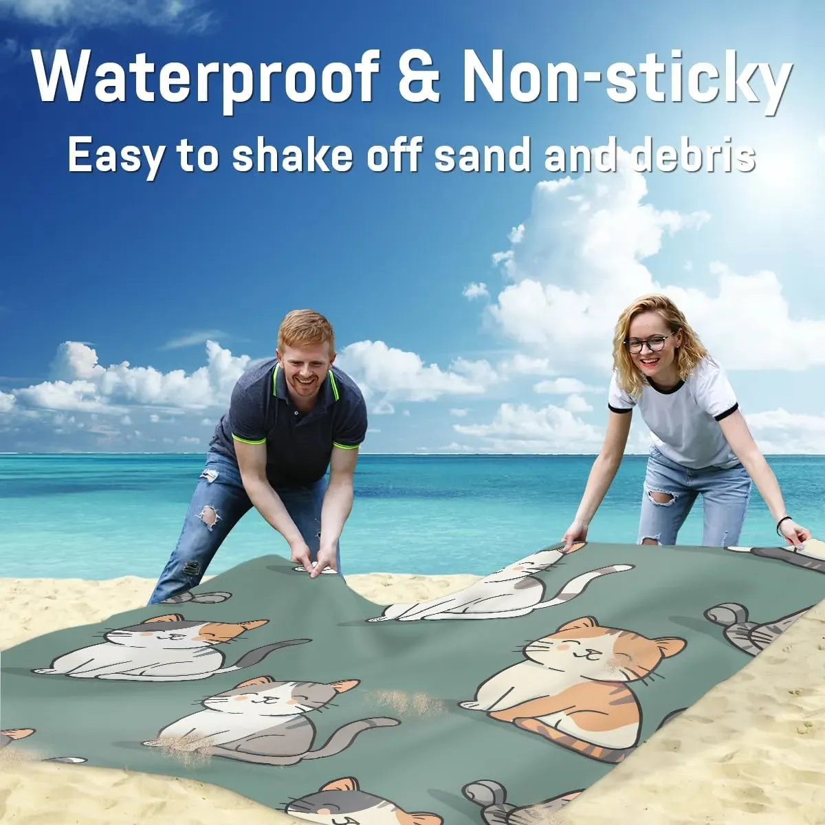 Cute Cat Beach Blanket, Sandproof Beach Mat, 68 x 59 Waterproof Quick Drying Sand Free Mat with 4 x Ground Spikes for Outdoor Travel Camping Hiking, Cute Pets Cat