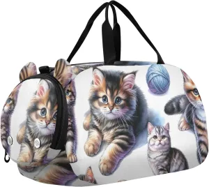 Cute Cat Watercolor Duffle Bag for Girl, Sports Duffle Gym Bags with Shoe Compartment, Personalized Overnight Bag Travel Weekender for Kids