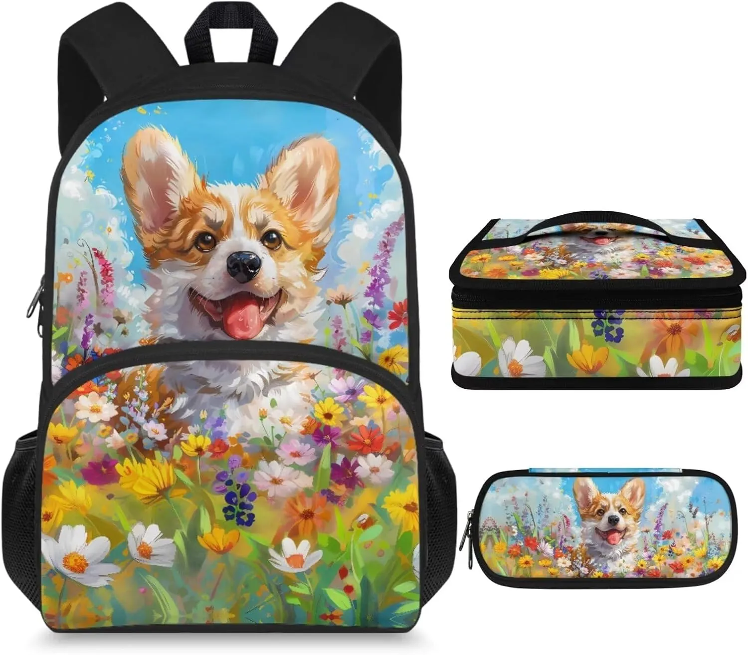 Cute Corgi Girls Backpack Set Ages 6-8 Elementary School Students with Lunch Box Shoulder Bag Stylish School Backpack Hold Books,Short Trip,Vacation,School,Outings