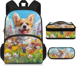 Cute Corgi Girls Backpack Set Ages 6-8 Elementary School Students with Lunch Box Shoulder Bag Stylish School Backpack Hold Books,Short Trip,Vacation,School,Outings