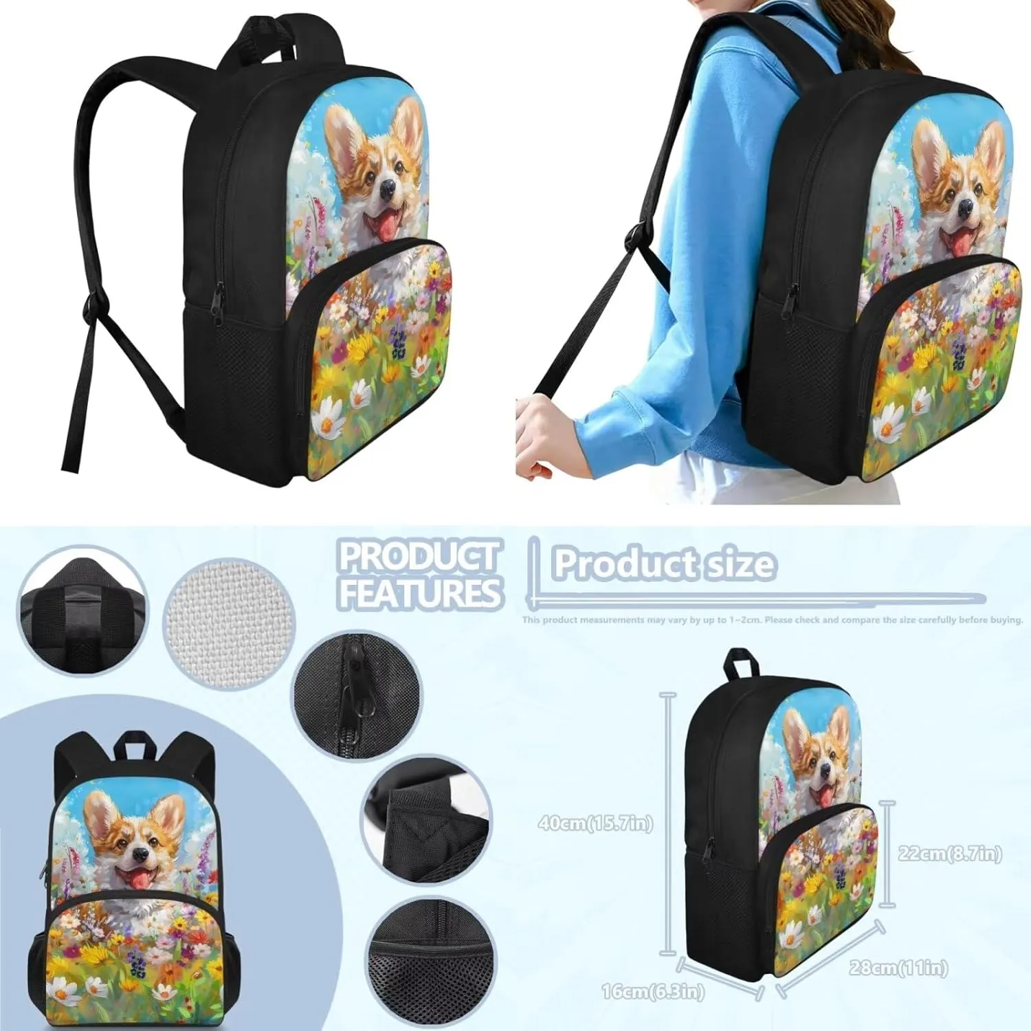 Cute Corgi Girls Backpack Set Ages 6-8 Elementary School Students with Lunch Box Shoulder Bag Stylish School Backpack Hold Books,Short Trip,Vacation,School,Outings