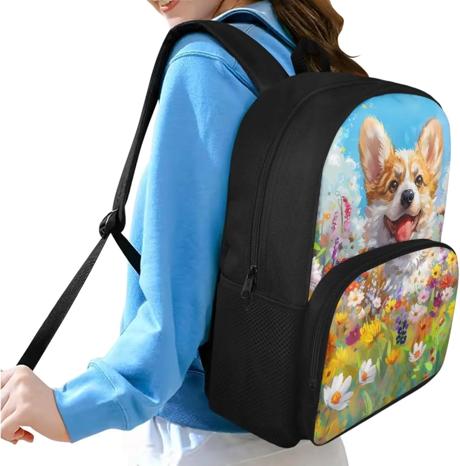 Cute Corgi Girls Backpack Set Ages 6-8 Elementary School Students with Lunch Box Shoulder Bag Stylish School Backpack Hold Books,Short Trip,Vacation,School,Outings