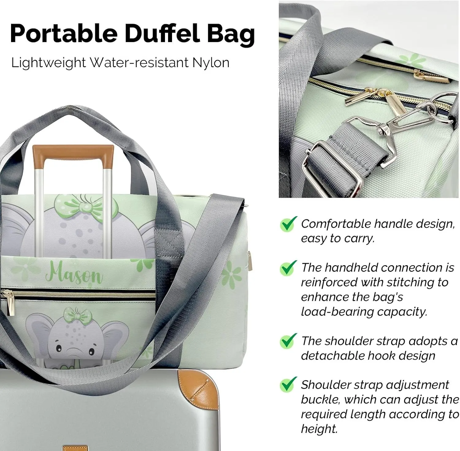 Cute Elephant Flower Green Personalized Duffel Bag,Custom Travel Gym Bag with Name,Waterproof Sports Overnight Bag with Shoe Compartment & Shoulder Strap