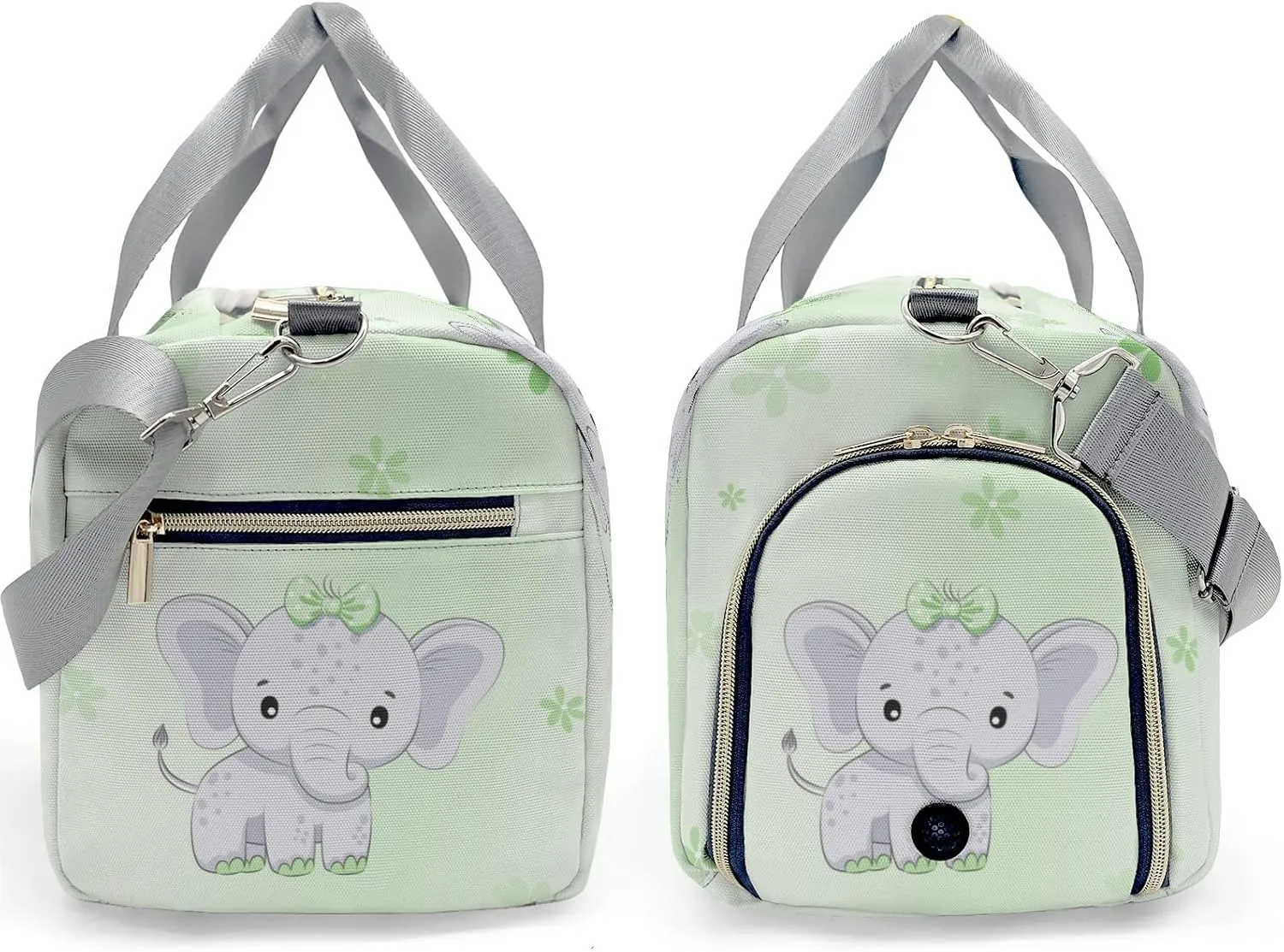 Cute Elephant Flower Green Personalized Duffel Bag,Custom Travel Gym Bag with Name,Waterproof Sports Overnight Bag with Shoe Compartment & Shoulder Strap