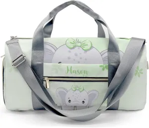 Cute Elephant Flower Green Personalized Duffel Bag,Custom Travel Gym Bag with Name,Waterproof Sports Overnight Bag with Shoe Compartment & Shoulder Strap