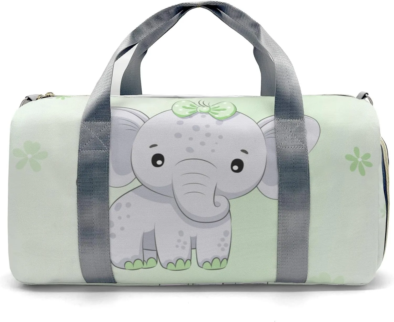 Cute Elephant Flower Green Personalized Duffel Bag,Custom Travel Gym Bag with Name,Waterproof Sports Overnight Bag with Shoe Compartment & Shoulder Strap