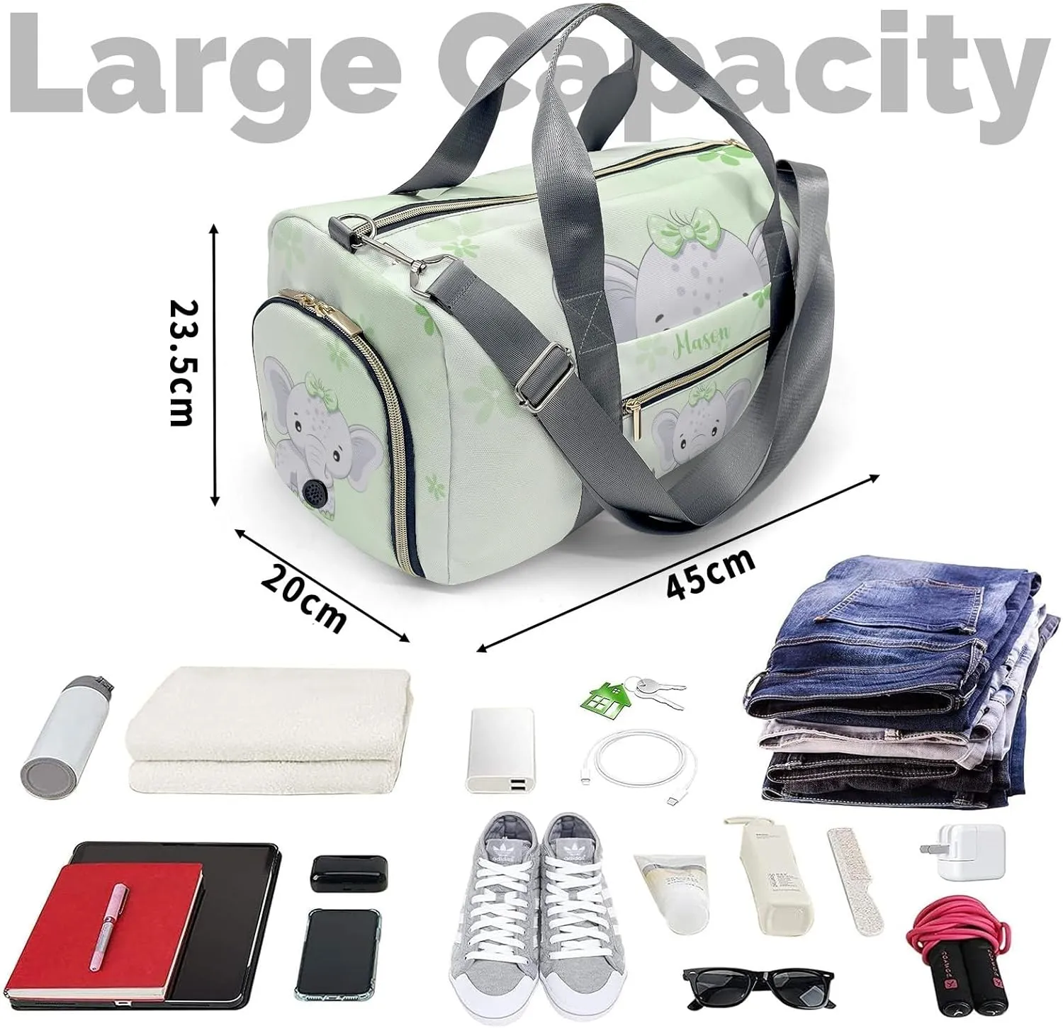 Cute Elephant Flower Green Personalized Duffel Bag,Custom Travel Gym Bag with Name,Waterproof Sports Overnight Bag with Shoe Compartment & Shoulder Strap