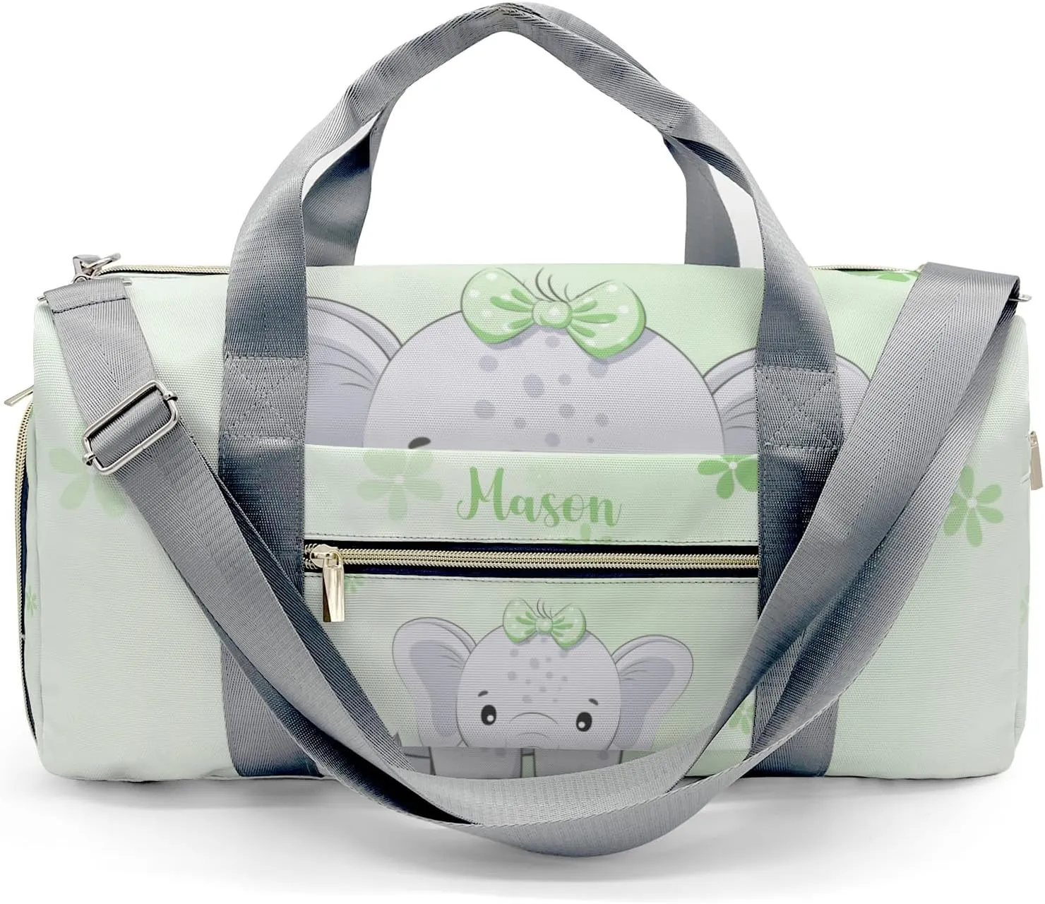 Cute Elephant Flower Green Personalized Duffel Bag,Custom Travel Gym Bag with Name,Waterproof Sports Overnight Bag with Shoe Compartment & Shoulder Strap