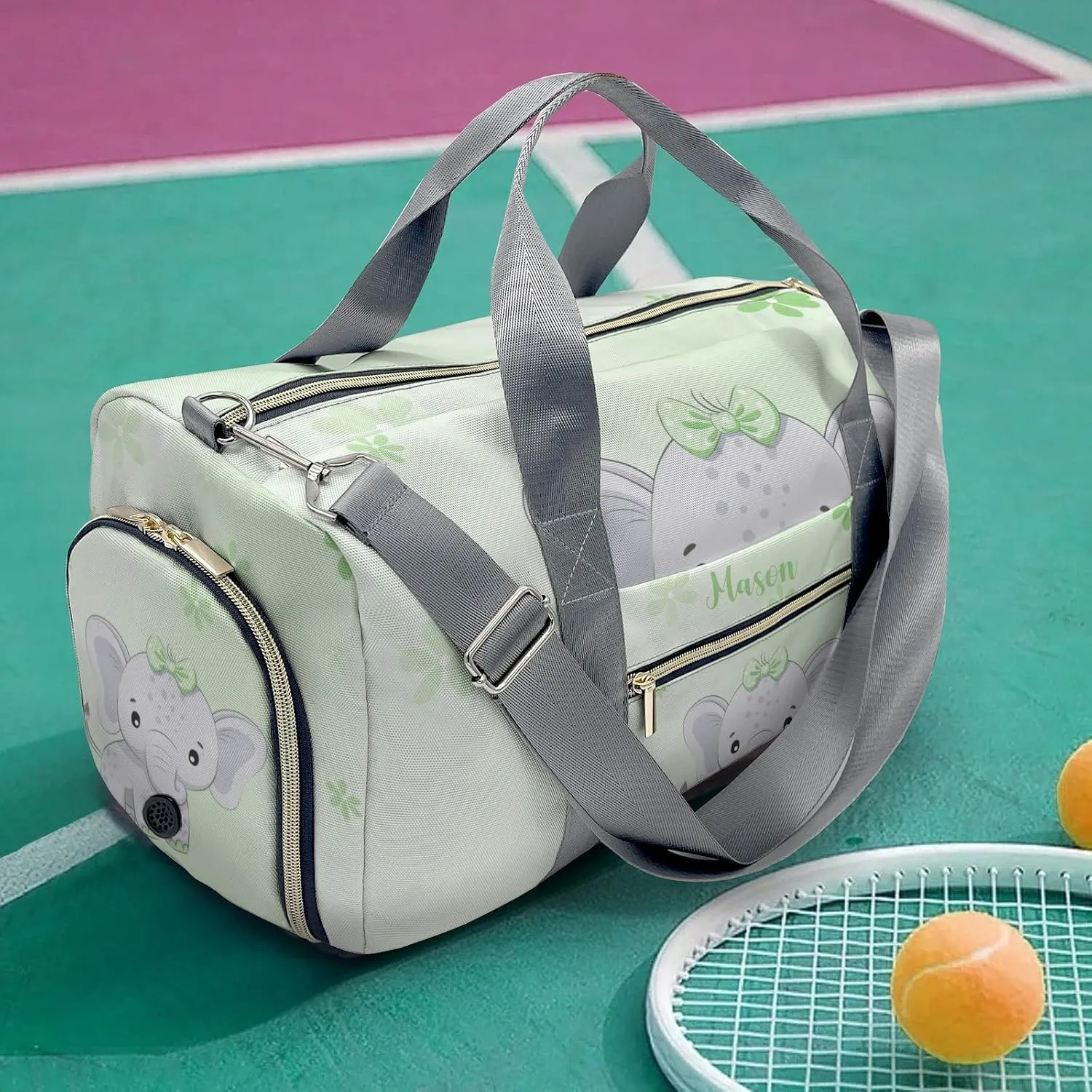 Cute Elephant Flower Green Personalized Duffel Bag,Custom Travel Gym Bag with Name,Waterproof Sports Overnight Bag with Shoe Compartment & Shoulder Strap