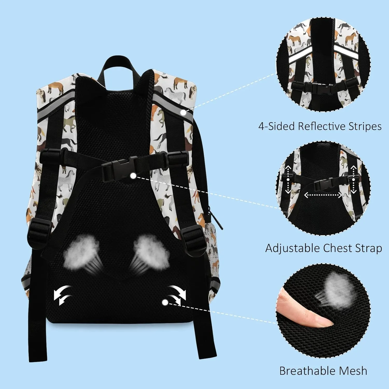 Cute Horse Backpack for Kids, Boys and Girls, Toddler Backpack for Daycare Travel School, Preschool Bookbag with Chest Strap
