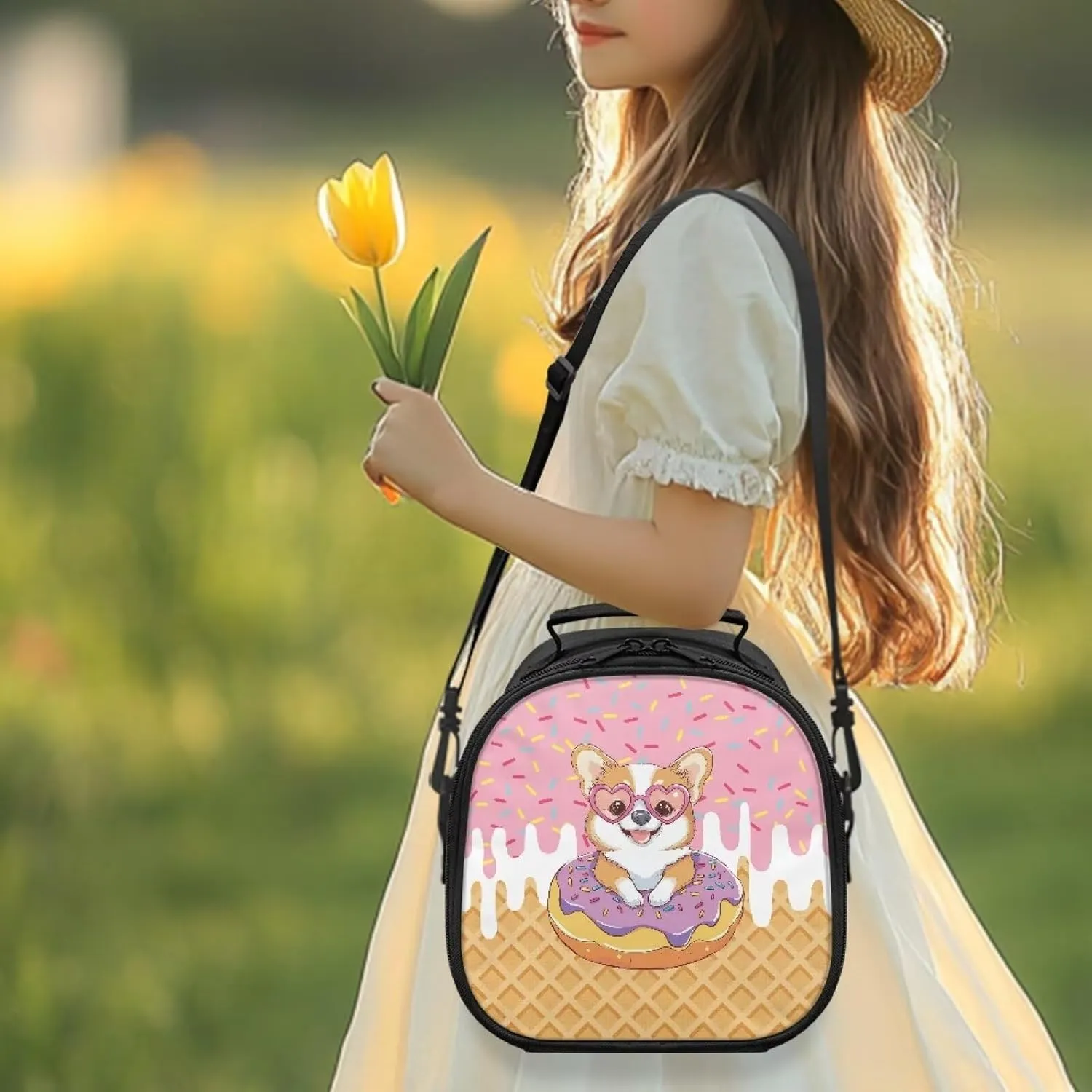 Cute Lunch Box for Girls Toddler Meal Prep Lunch Bag Dog Print Aesthetic Small Insulated Cooler Bag with Shoulder Strap Thick Kids Lunchbox for Kindergarten Primary School