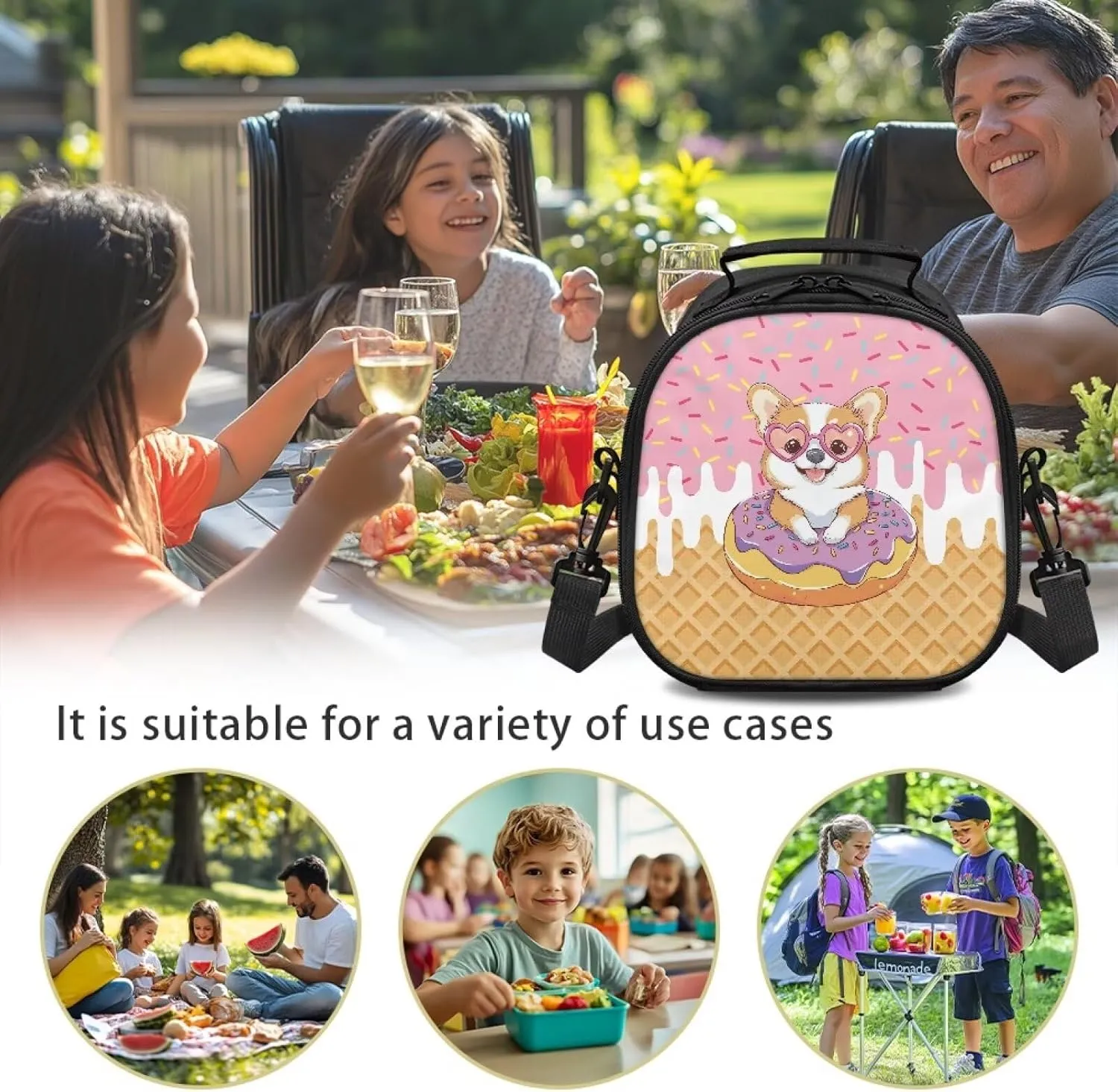 Cute Lunch Box for Girls Toddler Meal Prep Lunch Bag Dog Print Aesthetic Small Insulated Cooler Bag with Shoulder Strap Thick Kids Lunchbox for Kindergarten Primary School