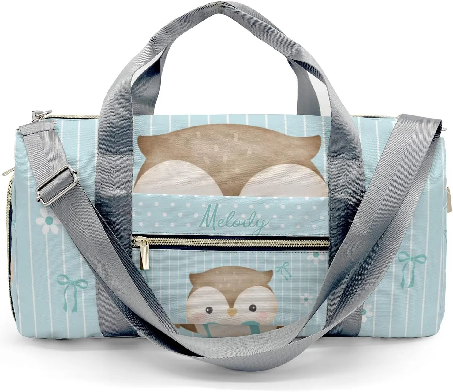 Cute Owl Bow Green Personalized Duffel Bag,Custom Travel Gym Bag with Name,Waterproof Sports Overnight Bag with Shoe Compartment & Shoulder Strap