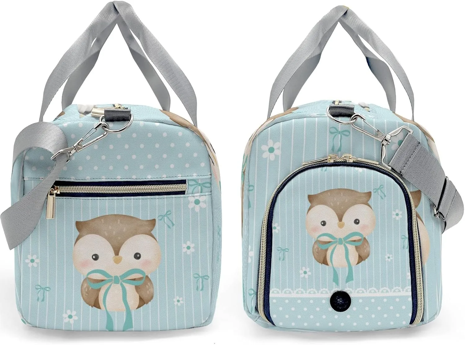Cute Owl Bow Green Personalized Duffel Bag,Custom Travel Gym Bag with Name,Waterproof Sports Overnight Bag with Shoe Compartment & Shoulder Strap