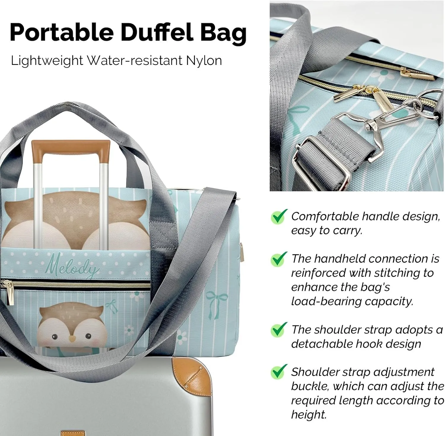 Cute Owl Bow Green Personalized Duffel Bag,Custom Travel Gym Bag with Name,Waterproof Sports Overnight Bag with Shoe Compartment & Shoulder Strap