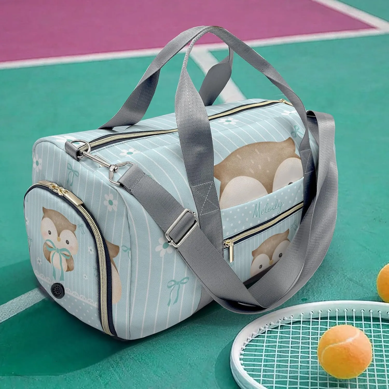 Cute Owl Bow Green Personalized Duffel Bag,Custom Travel Gym Bag with Name,Waterproof Sports Overnight Bag with Shoe Compartment & Shoulder Strap
