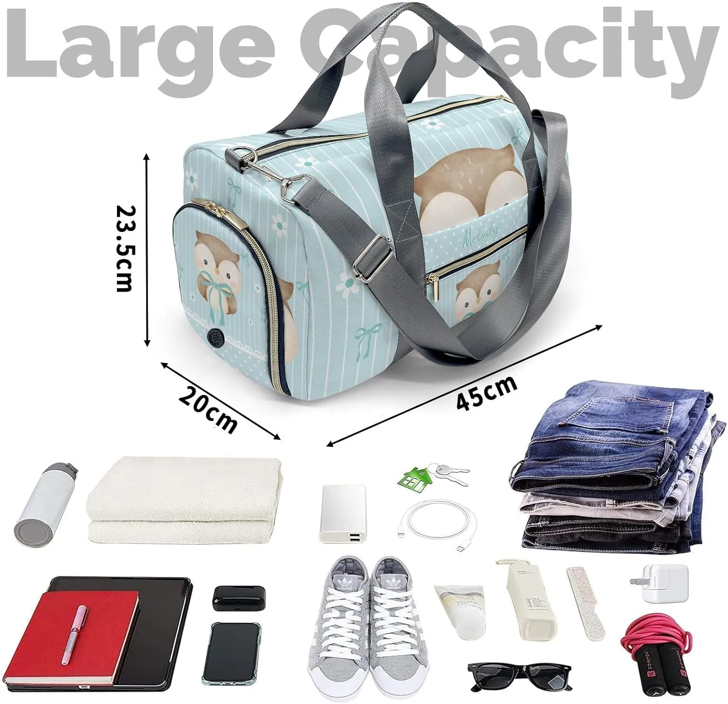 Cute Owl Bow Green Personalized Duffel Bag,Custom Travel Gym Bag with Name,Waterproof Sports Overnight Bag with Shoe Compartment & Shoulder Strap