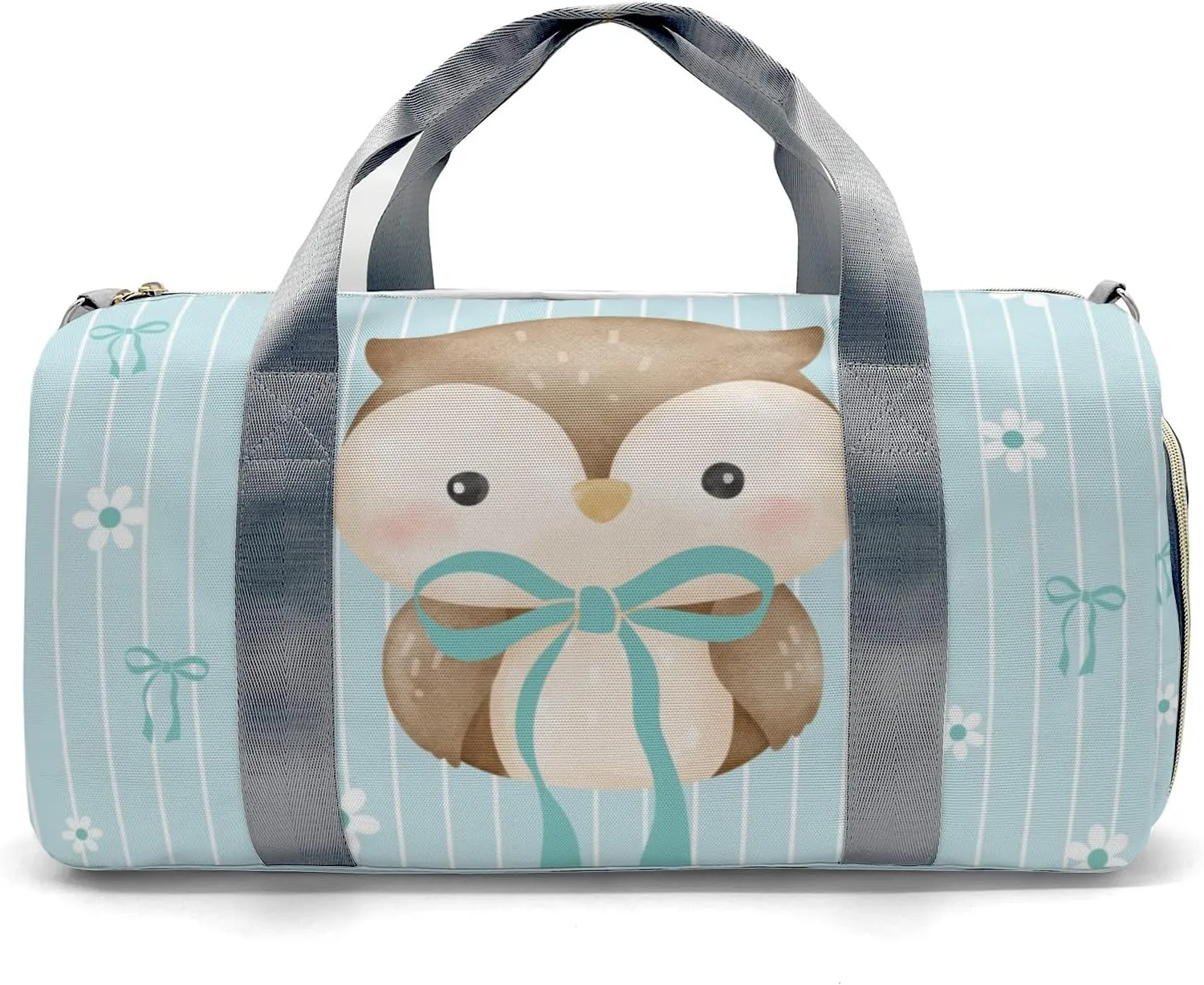Cute Owl Bow Green Personalized Duffel Bag,Custom Travel Gym Bag with Name,Waterproof Sports Overnight Bag with Shoe Compartment & Shoulder Strap
