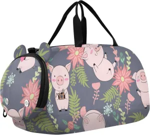 Cute Piggy and Flower Pattern Gym Travel Duffel Bag with Shoe Compartment for Boys Girls - Gymnastics Sports Dance Football Travel Bag Teens Weekender Sleepover
