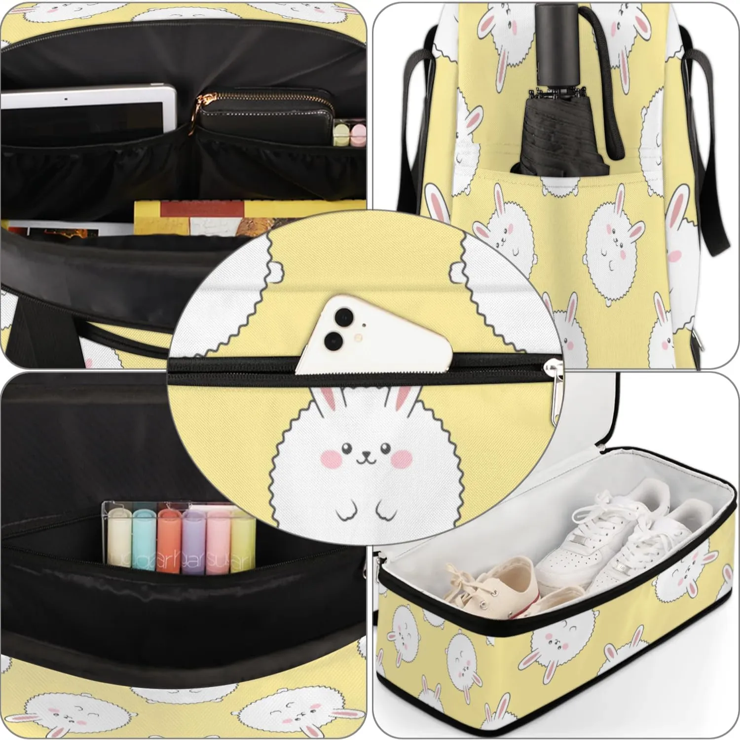 Cute Rabbit Sports Gym Bag with Shoes Compartment Foldable Travel Duffel Bag Dry Wet Separated Sports Tote Workout Weekender Overnight Bag for Women Yoga Dance Work Training Handbag