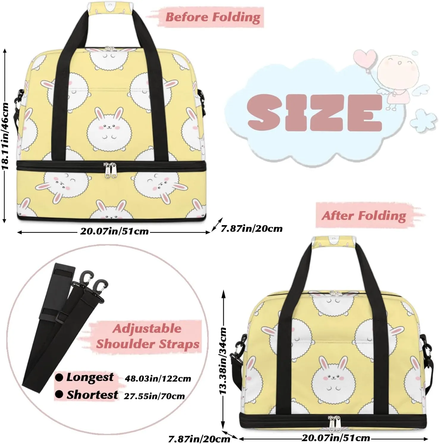 Cute Rabbit Sports Gym Bag with Shoes Compartment Foldable Travel Duffel Bag Dry Wet Separated Sports Tote Workout Weekender Overnight Bag for Women Yoga Dance Work Training Handbag