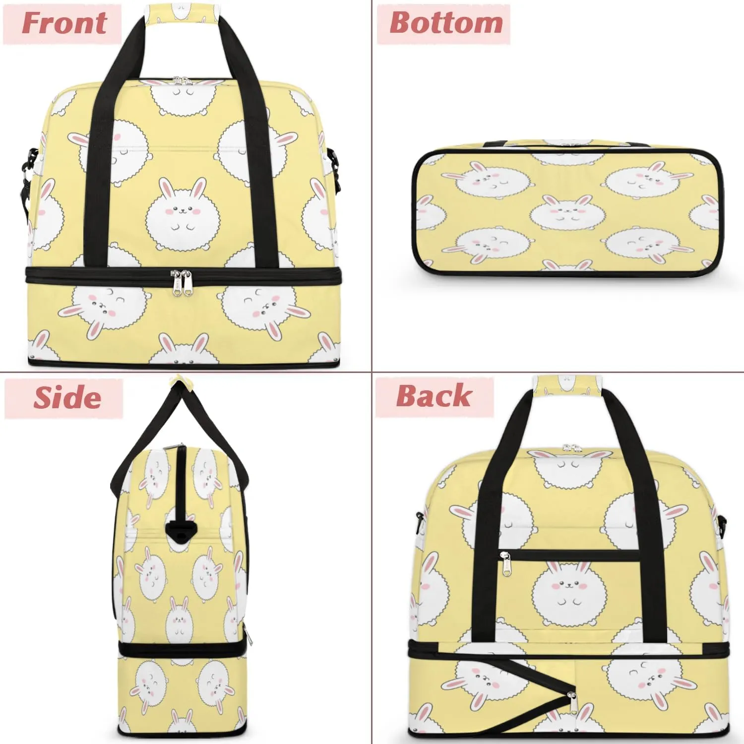 Cute Rabbit Sports Gym Bag with Shoes Compartment Foldable Travel Duffel Bag Dry Wet Separated Sports Tote Workout Weekender Overnight Bag for Women Yoga Dance Work Training Handbag