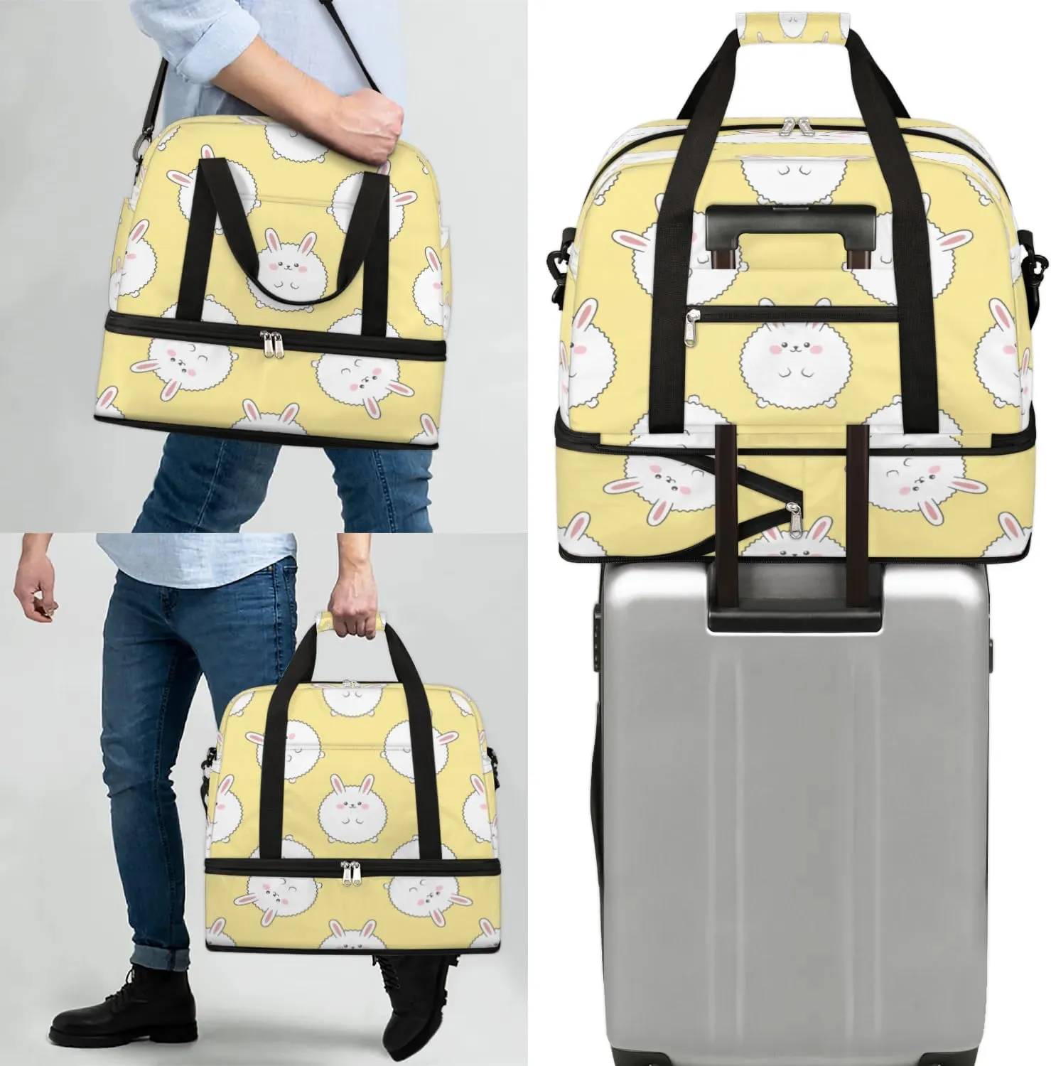 Cute Rabbit Sports Gym Bag with Shoes Compartment Foldable Travel Duffel Bag Dry Wet Separated Sports Tote Workout Weekender Overnight Bag for Women Yoga Dance Work Training Handbag