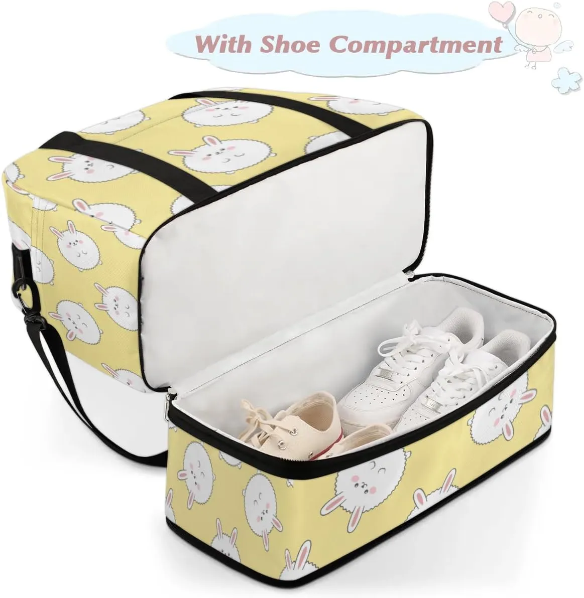 Cute Rabbit Sports Gym Bag with Shoes Compartment Foldable Travel Duffel Bag Dry Wet Separated Sports Tote Workout Weekender Overnight Bag for Women Yoga Dance Work Training Handbag