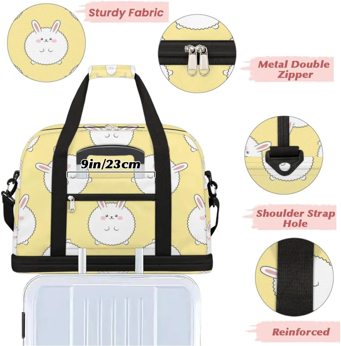 Cute Rabbit Sports Gym Bag with Shoes Compartment Foldable Travel Duffel Bag Dry Wet Separated Sports Tote Workout Weekender Overnight Bag for Women Yoga Dance Work Training Handbag