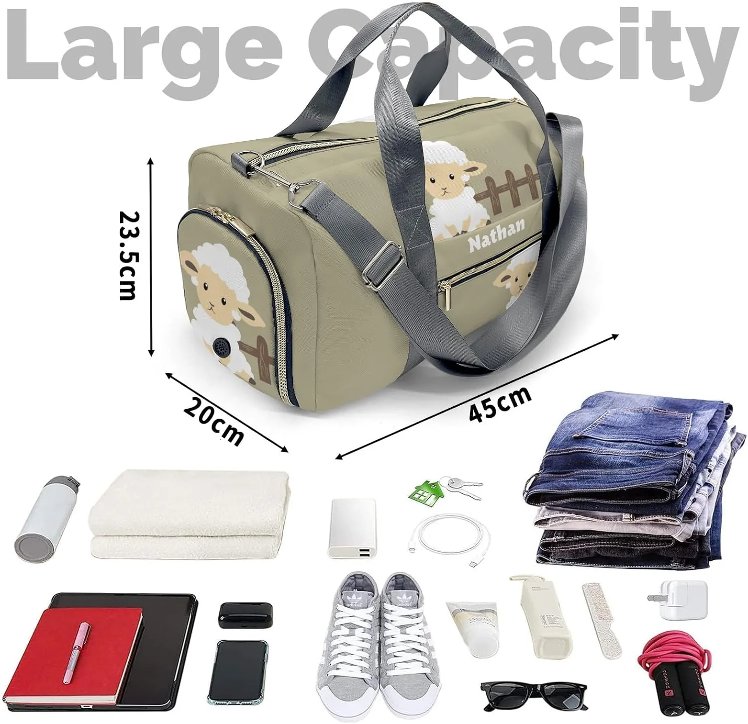 Cute Sheep Farm Animal Personalized Travel Duffel Bag Custom Waterproof Overnight Bag for Gym Sport Swim Bags Travel Assistant
