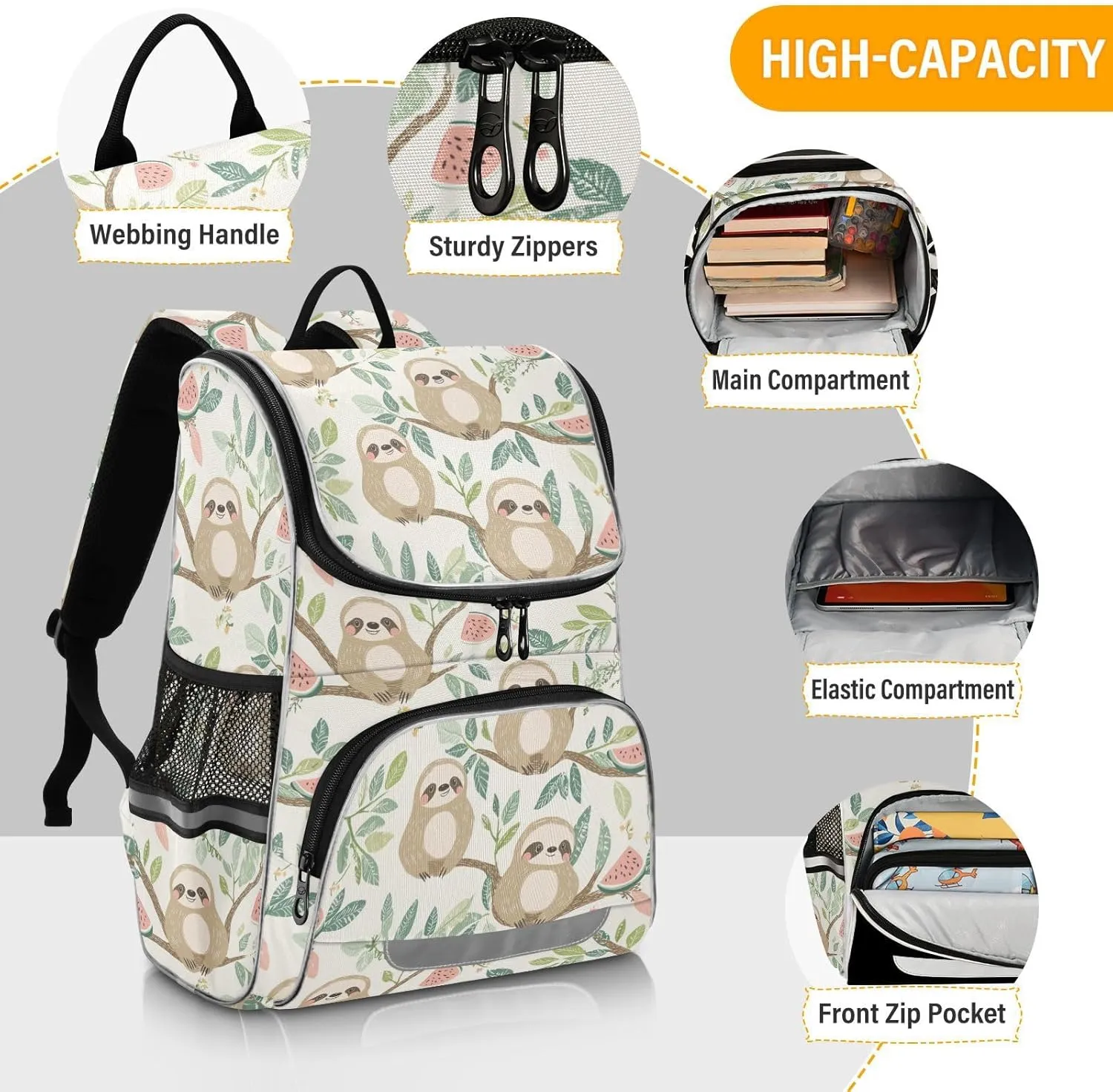 Cute Sloth School Bookbag Backpack Large Capacity Printed Student Rucksack for Kids Teenagers, Cartooon Sloth School Bag Girl's and Boy's Backpack