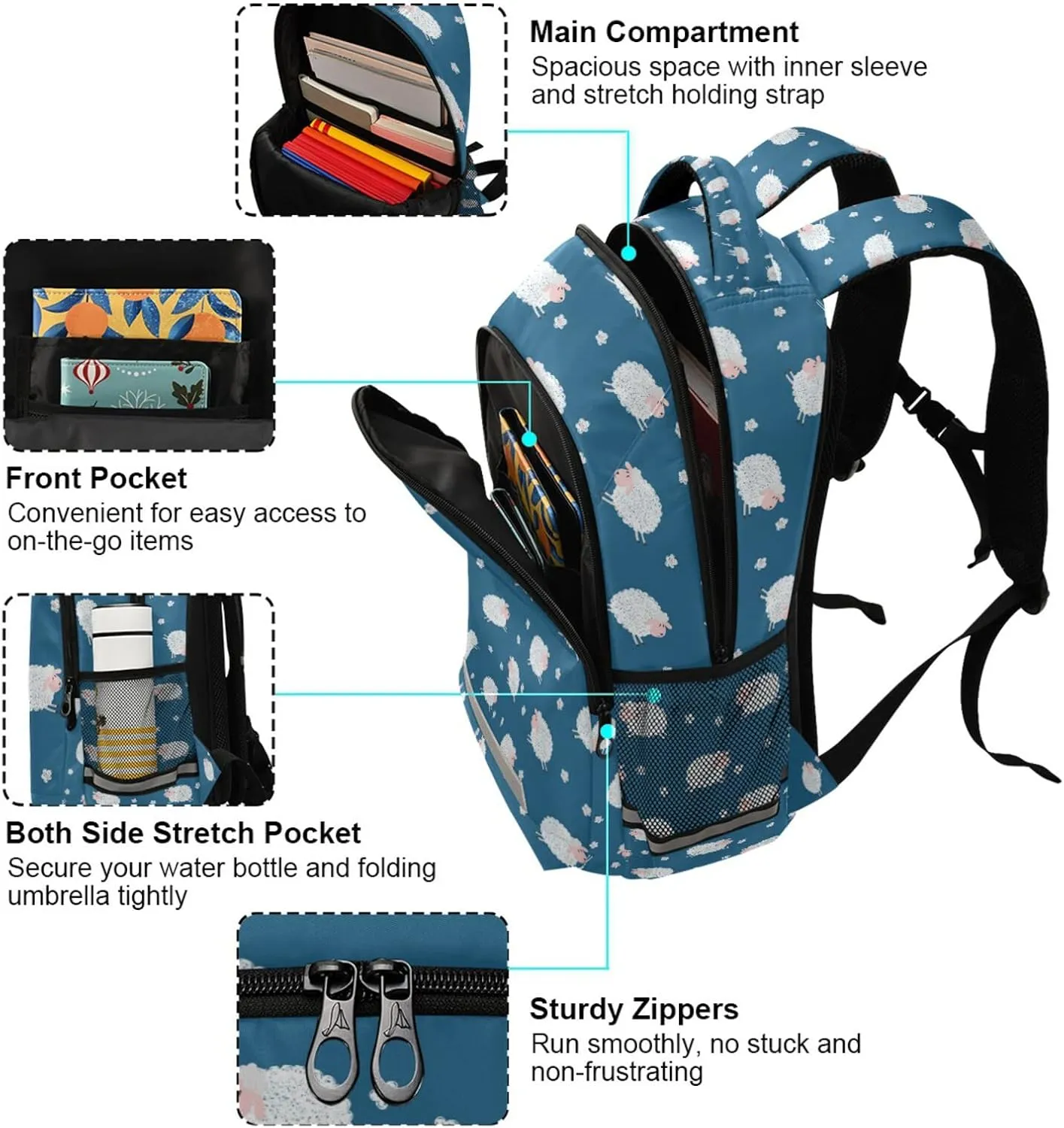 Cute White Sheep School Backpacks with Chest Strap for Teens Boys Girls,Lightweight Student Bookbags 17 Inch, Lamb Pattern Casual Daypack Schoolbags