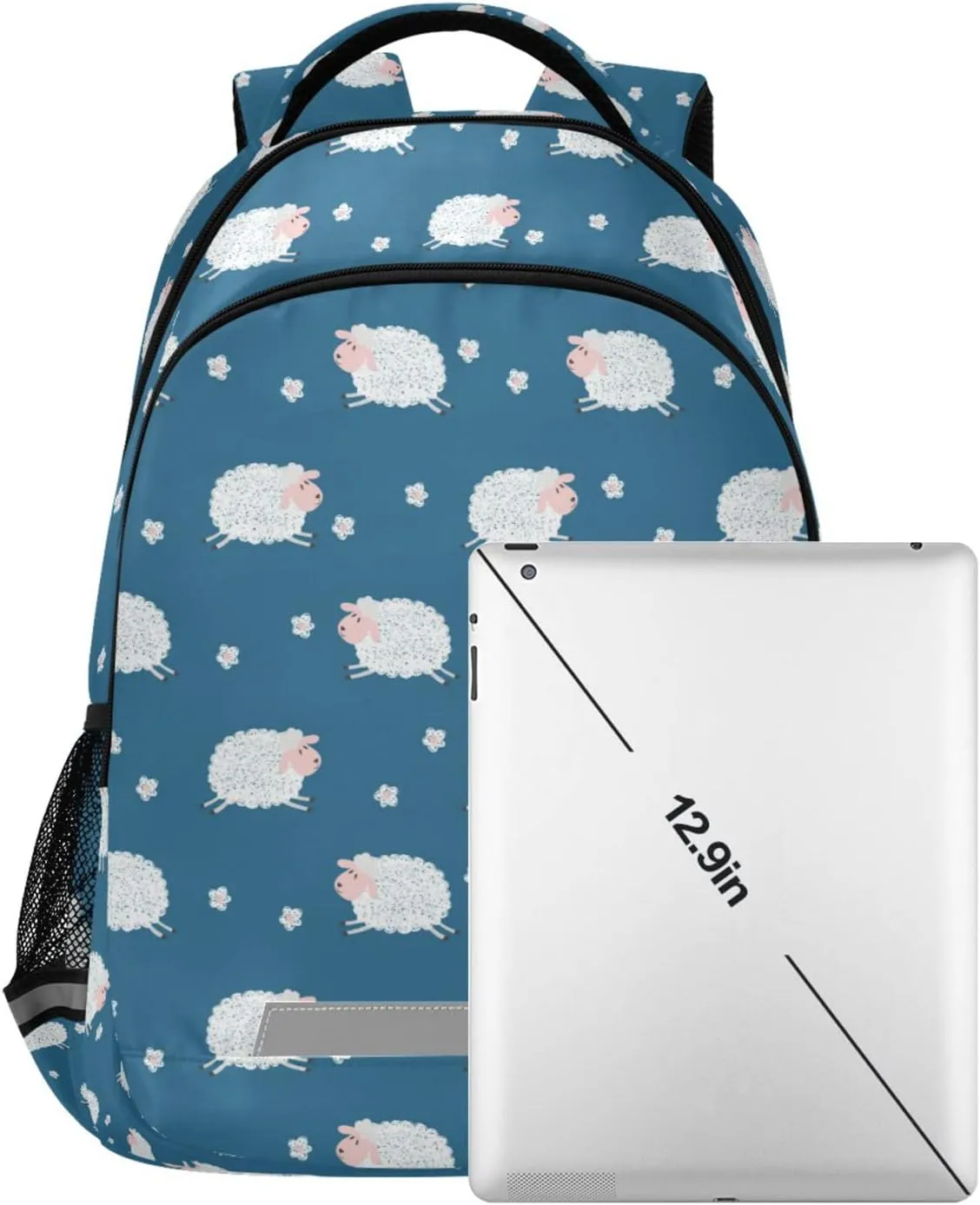 Cute White Sheep School Backpacks with Chest Strap for Teens Boys Girls,Lightweight Student Bookbags 17 Inch, Lamb Pattern Casual Daypack Schoolbags