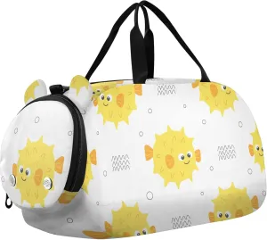 Cute Yellow Pufferfish Fish Sports Duffle Bag for Girls Boys, Gym Bag with Shoe Compartment, Kids Travel Overnight Weekender Shoulder Bag