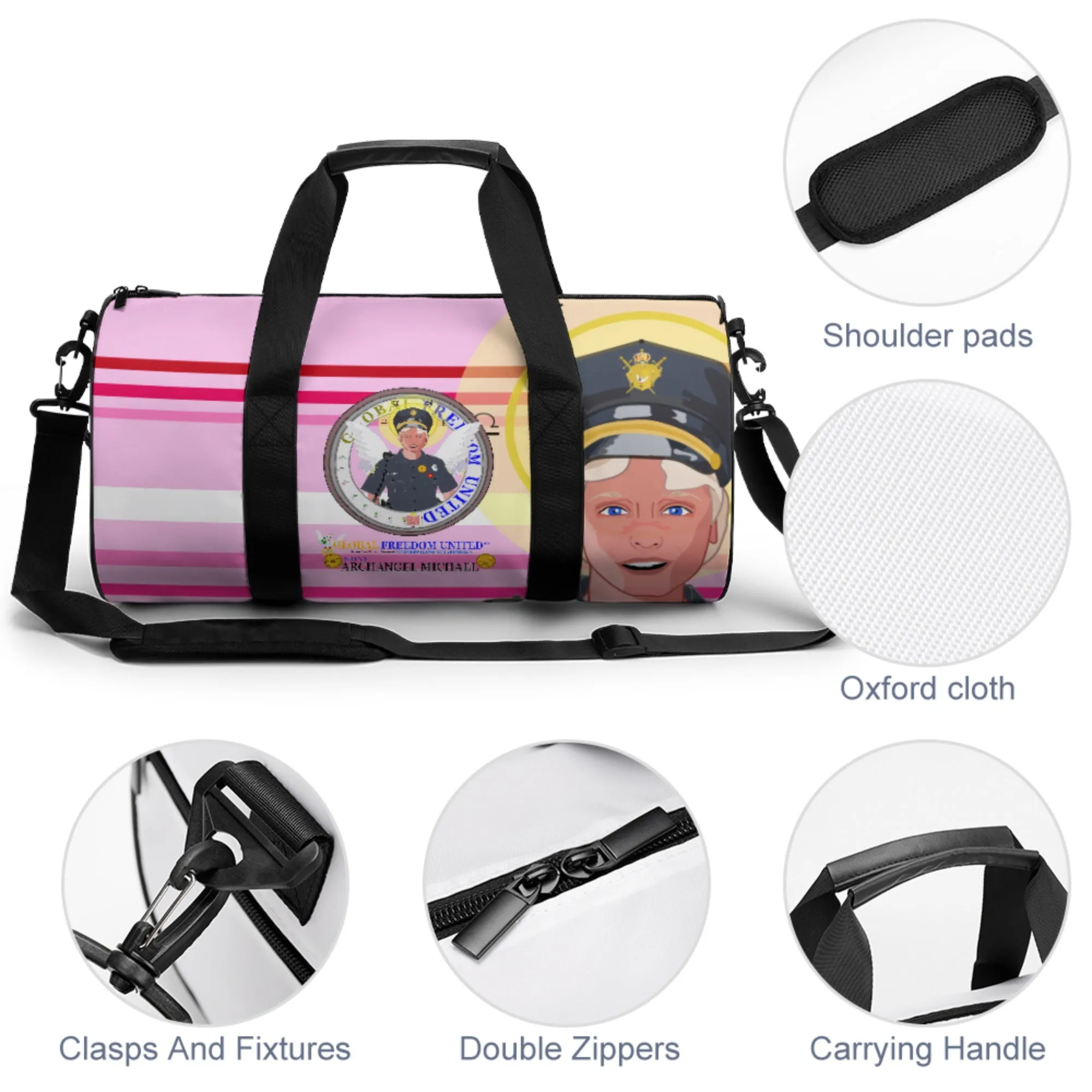 Cylindrical Gym Bag GLOBAL FREEDOM UNITED© Archangel Michael As Policemen Pink1