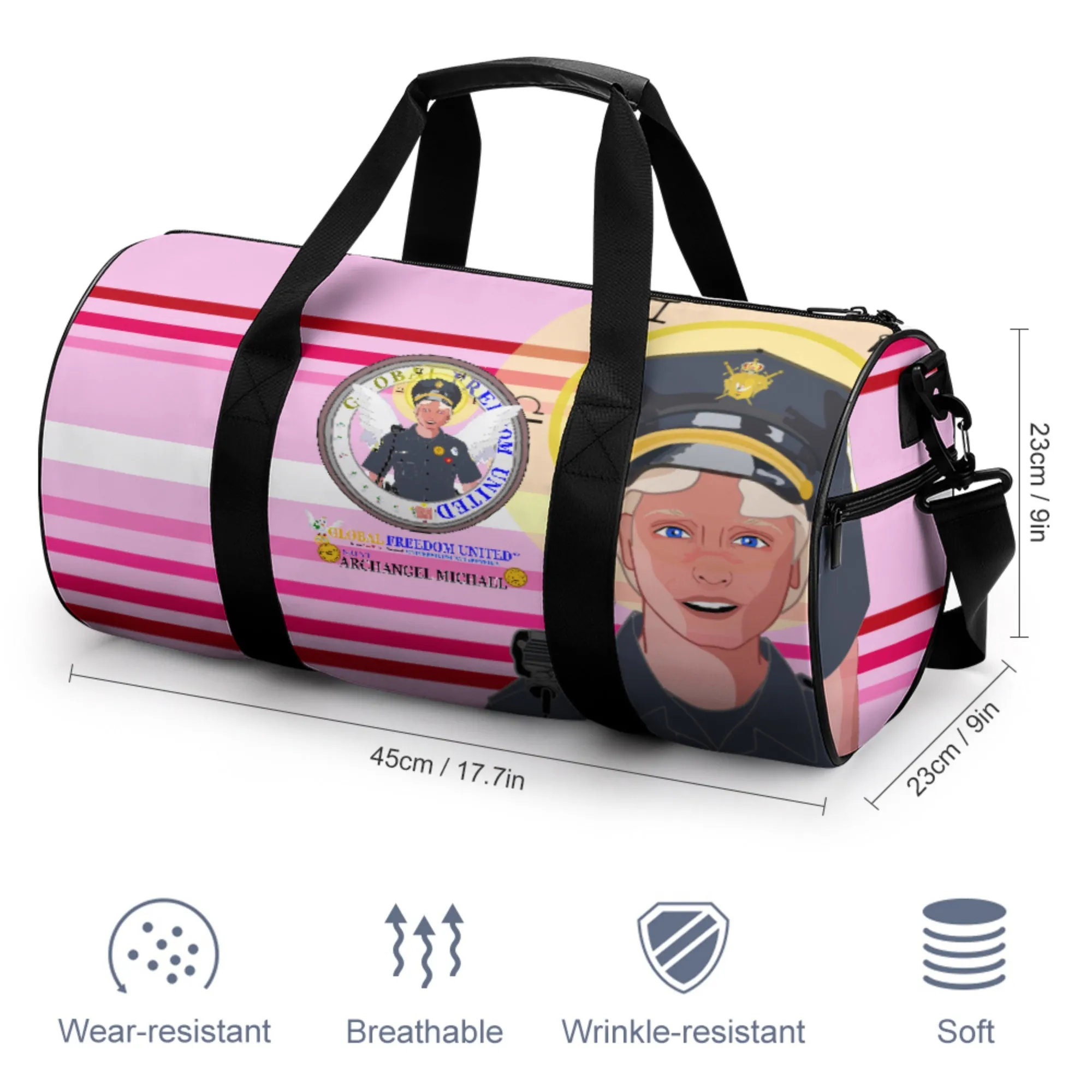 Cylindrical Gym Bag GLOBAL FREEDOM UNITED© Archangel Michael As Policemen Pink1