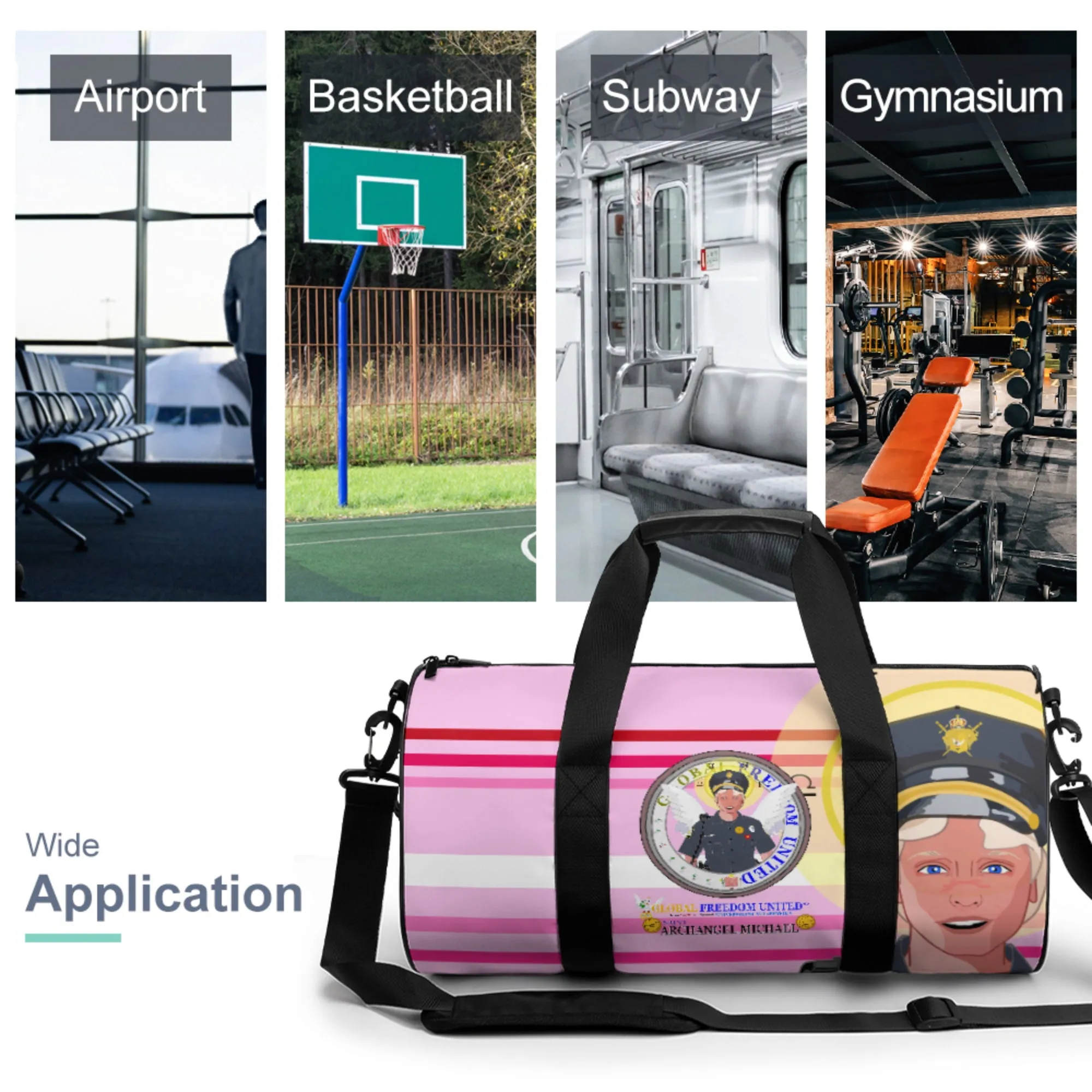 Cylindrical Gym Bag GLOBAL FREEDOM UNITED© Archangel Michael As Policemen Pink1