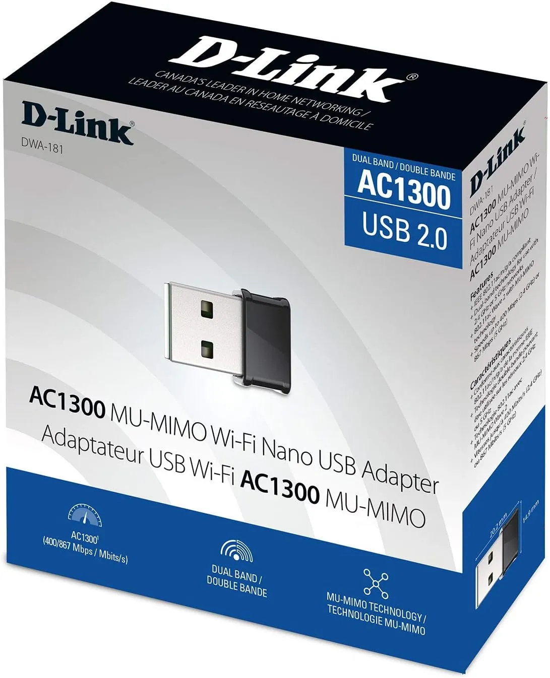 D-Link AC1300 MU-MIMO Wi-Fi Nano USB Adapter, Ultra-Mini (20.2mm x 14.9mm) Dual Band 2.4G/5G Wireless Adapter for PC or Laptop, Plug and Play, Easy Install, Upgrade your WiFi (DWA-181)